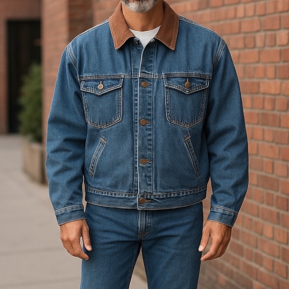 Geoffrey Beene Men’s Leather Collar Denim Jacket Size XL - Picture 1 of 9